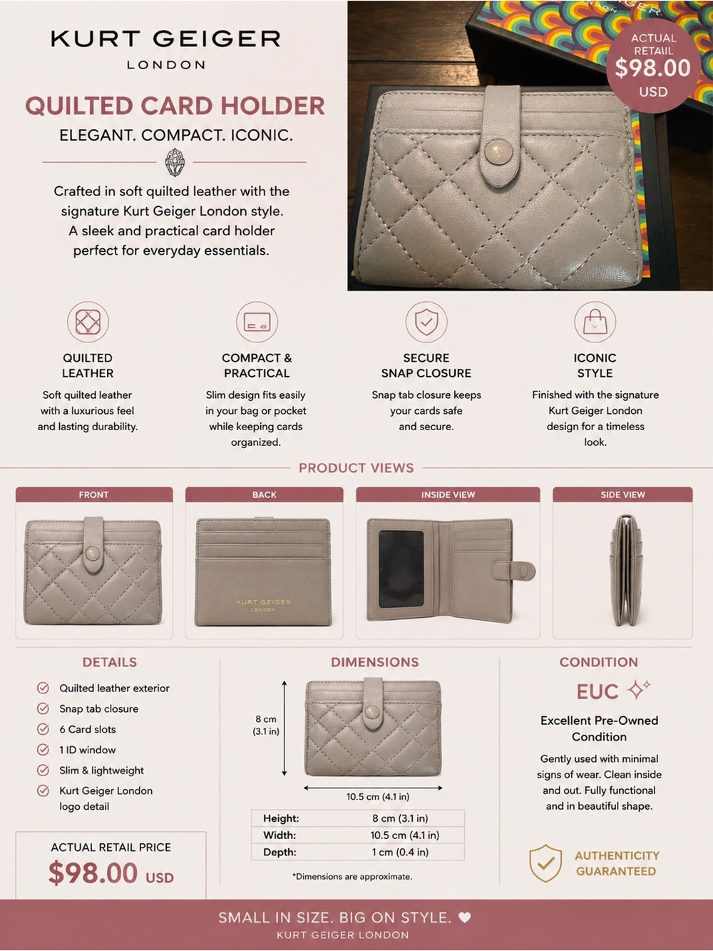 Kurt Geiger Quilted Card & Key Holder in Light Gray